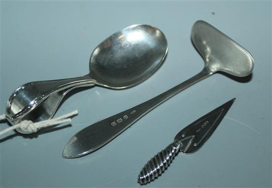 Silver trowel bookmark, Birmingham 1924 and child silver push and spoon, Birmingham 1937